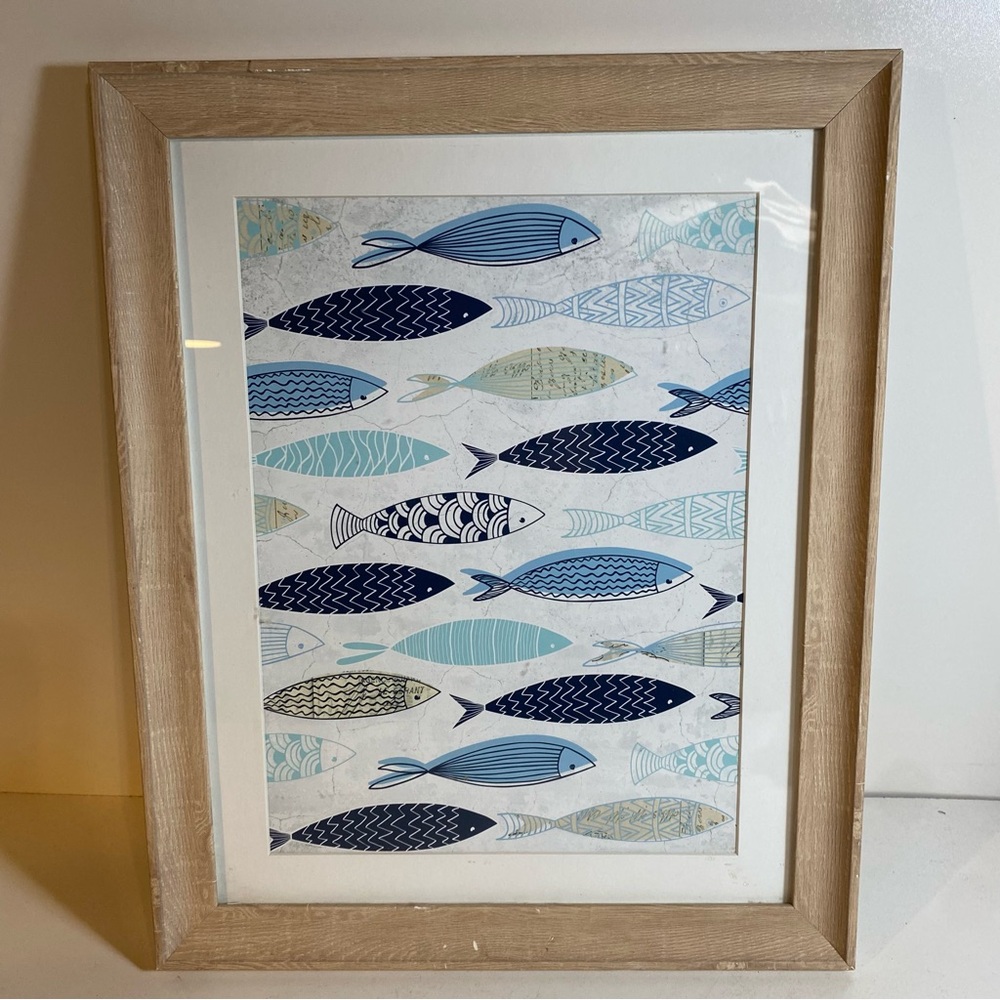 Vintage Pier 1 Fish In Blue Tones Matted & Framed Print